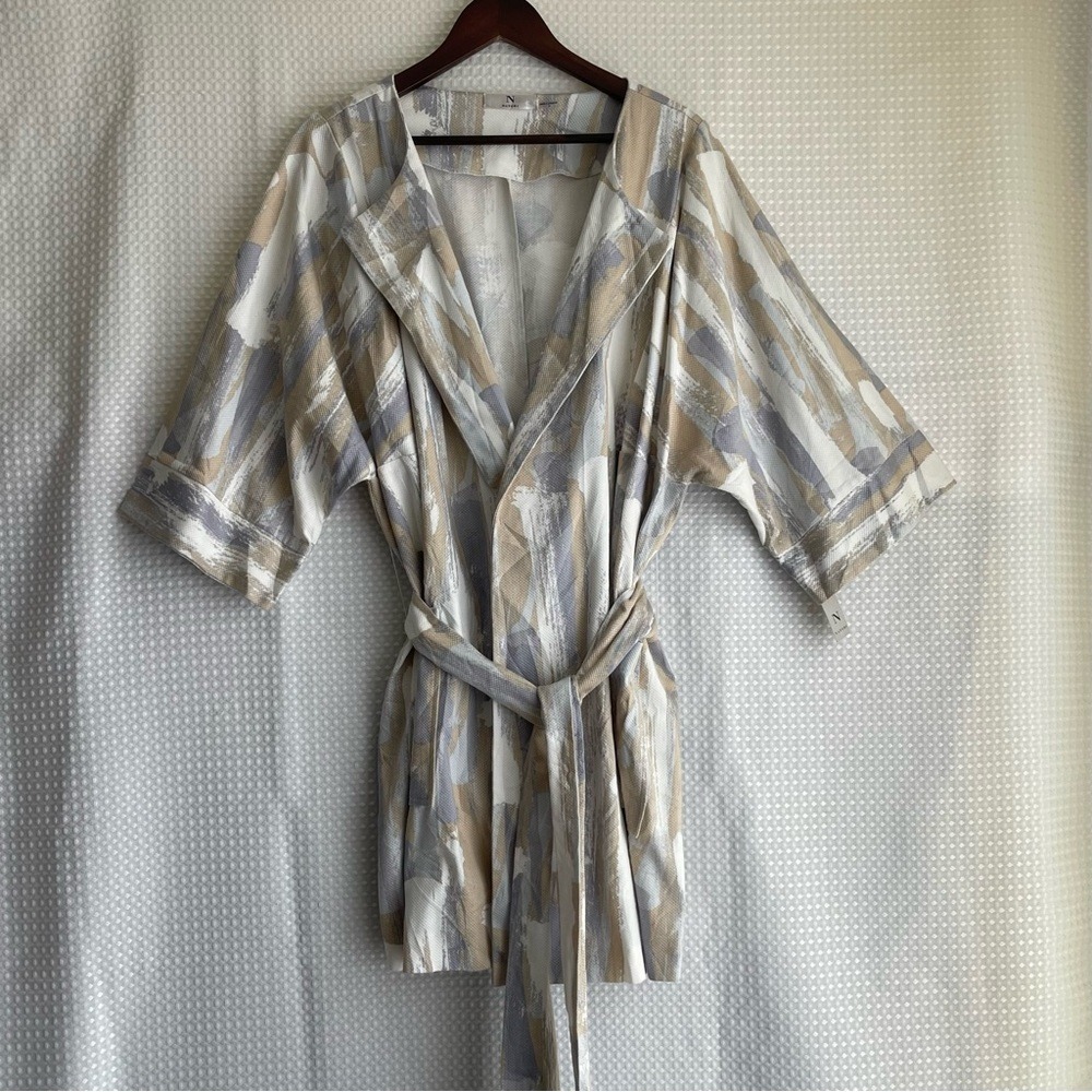 NWT Natori Women's 2X Belted Robe Abstract Gray Tan White 2 Pockets Cotton Blend